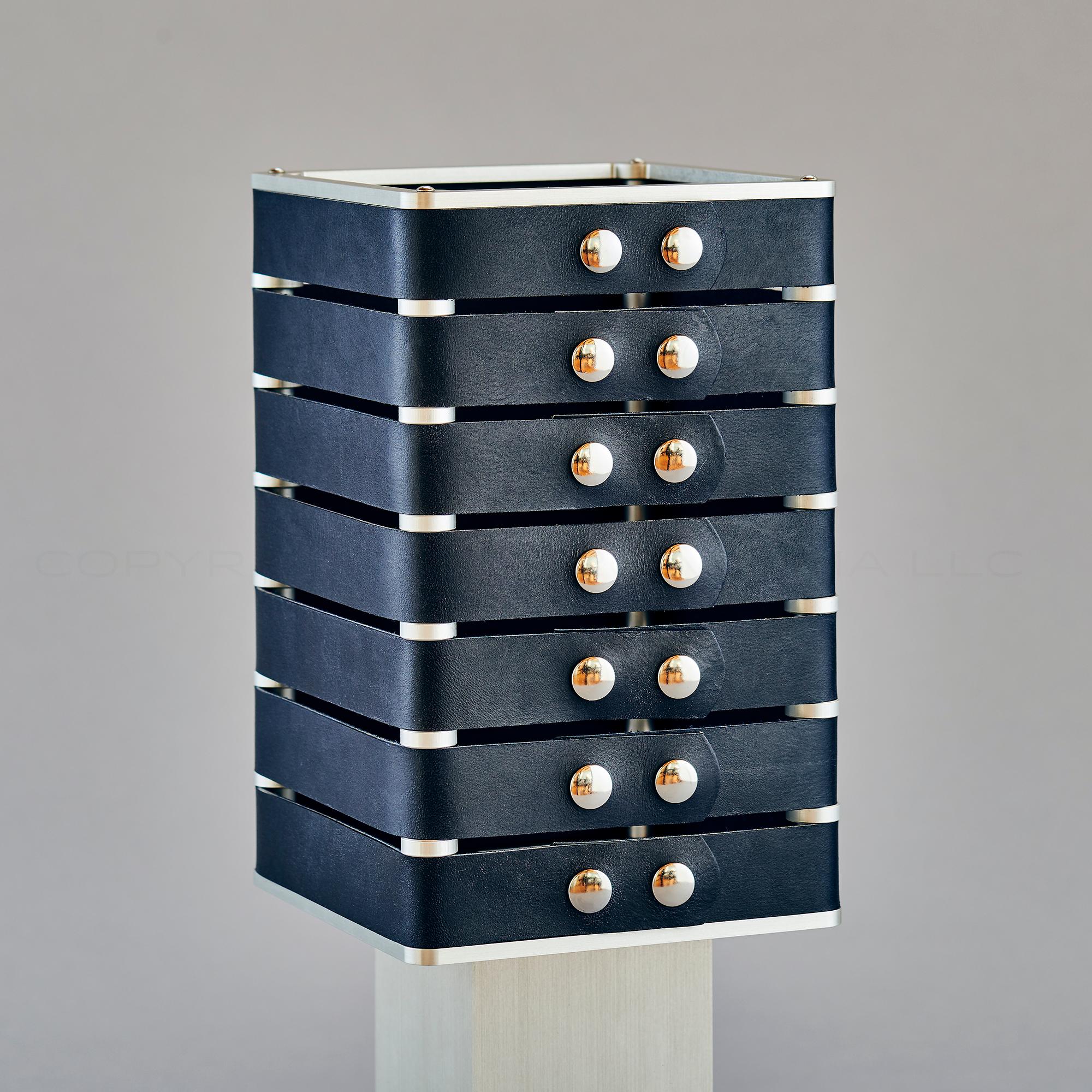 Contemporary Modern, Minimal, Solid Metal Table Light in Navy Blue Italian Leather