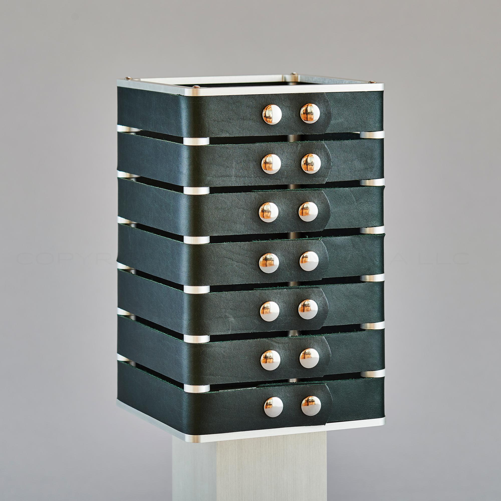 Contemporary Modern, Minimal, Solid Metal Table Light in Verde Green Italian Leather