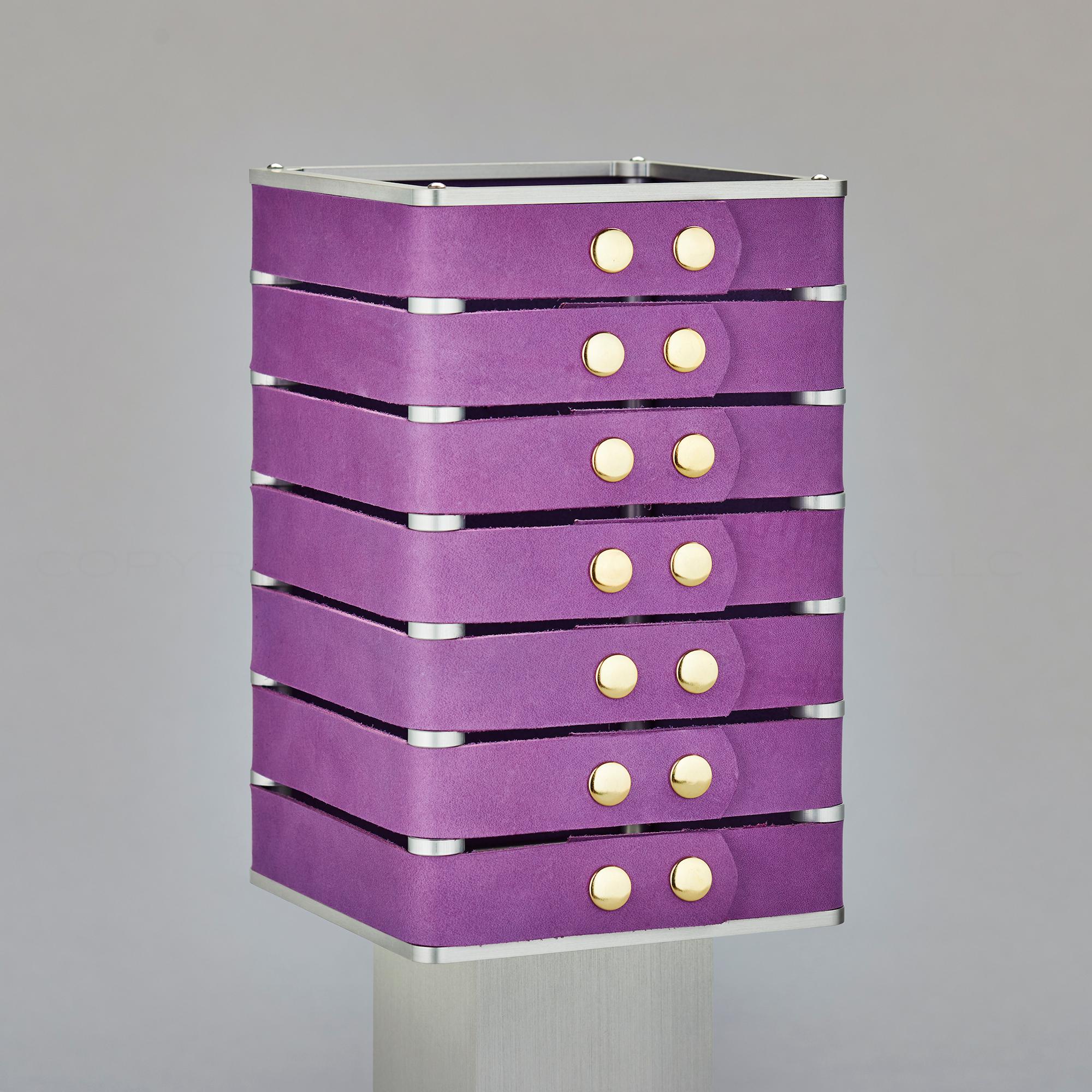 Contemporary Modern, Minimal, Solid Metal Table Light in Violet Purple Italian Leather