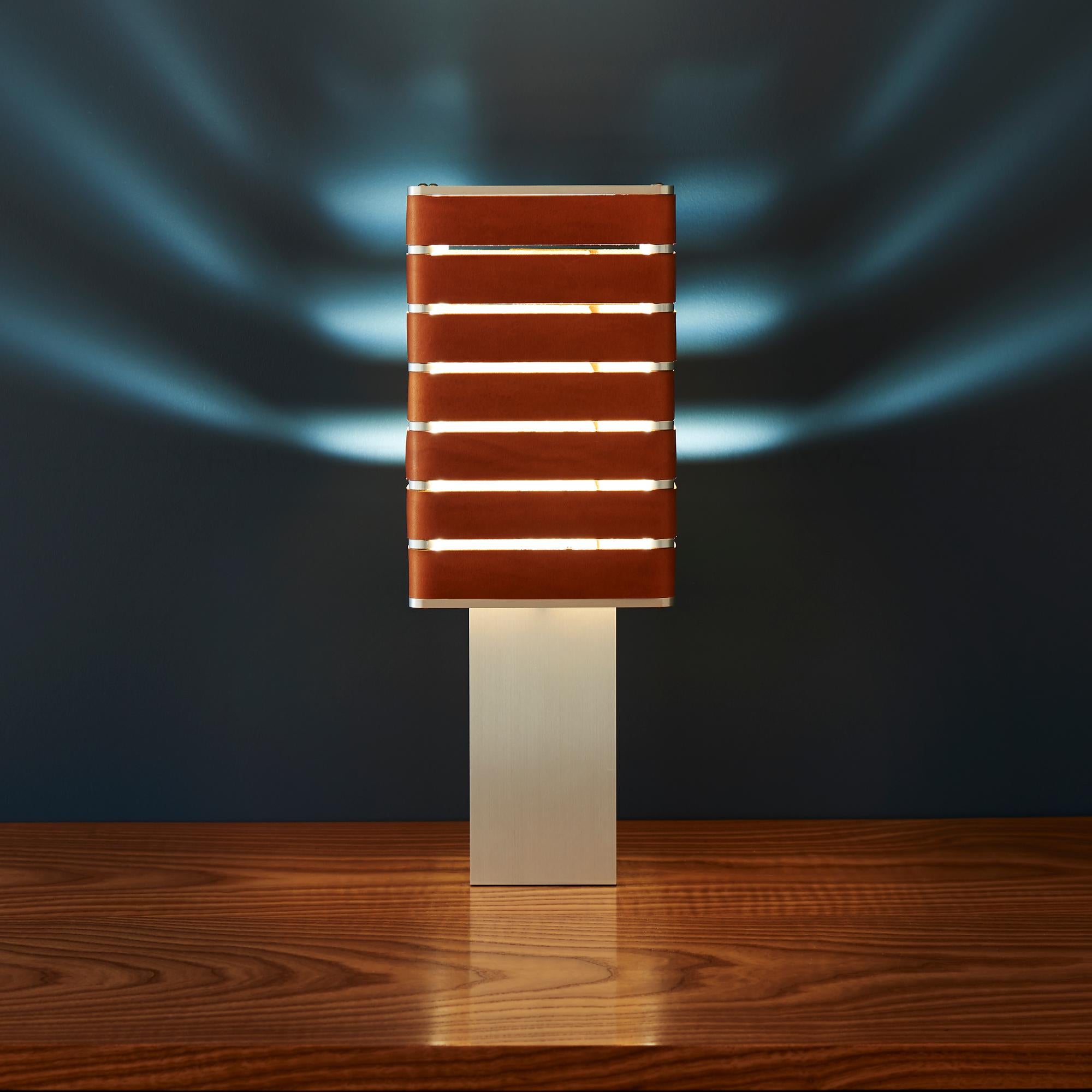 Contemporary Modern, Minimal, Solid Metal Table Light in Ambra Brown Italian Leather