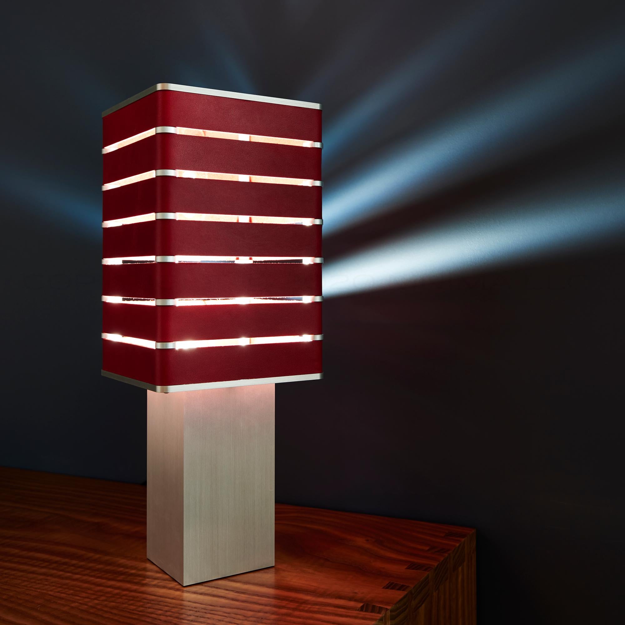 Contemporary Modern, Minimal, Solid Metal Table Light in E. Fiesta Red Italian Leather