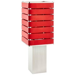 Modern, Minimal, Solid Metal Table Light in M. Fiesta Red Italian Leather