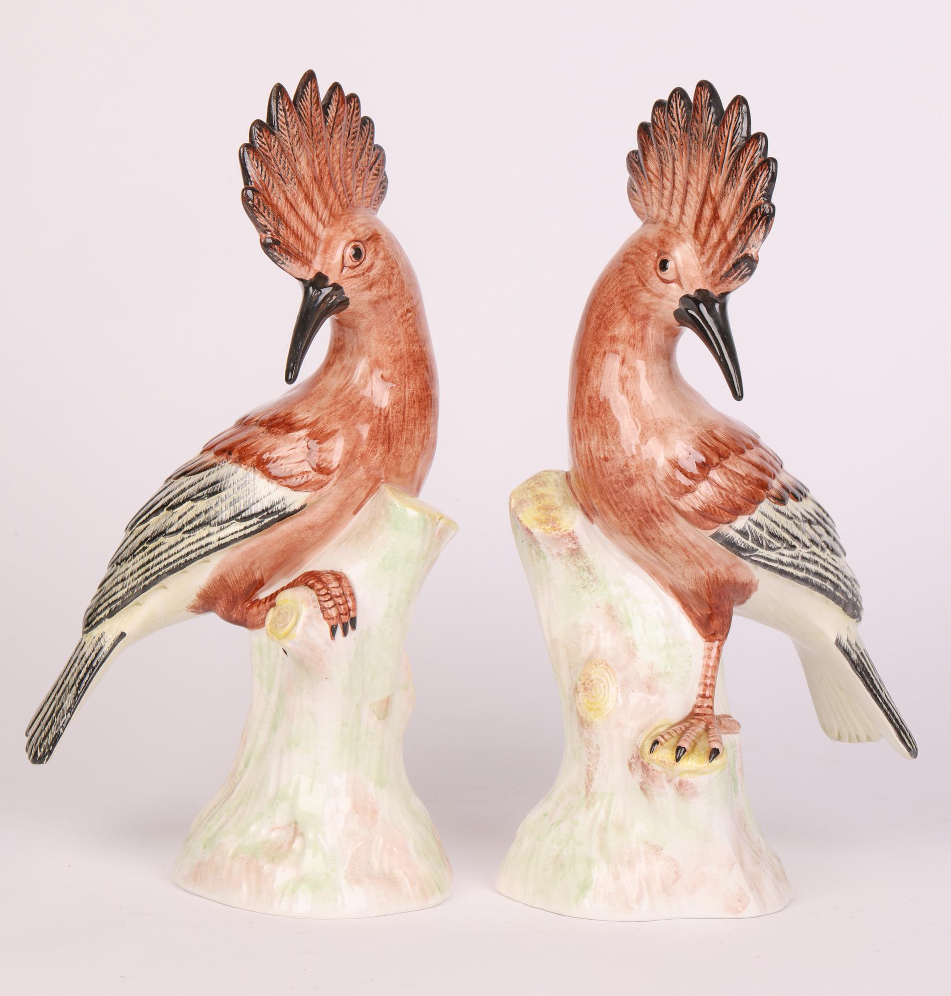 Glazed Eximious Italian Mid-Century Pair Porcelain Hoopoe Birds 