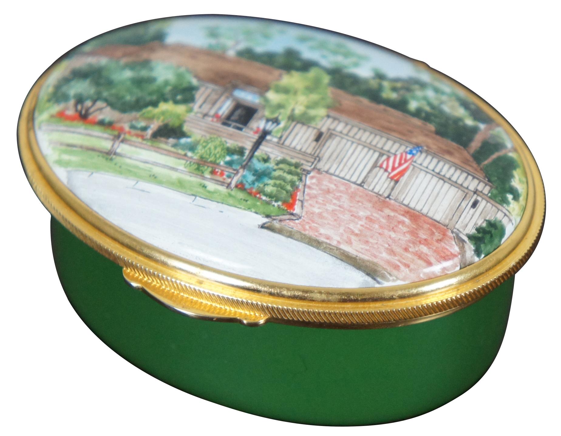 Vintage Eximious Ltd London oval porcelain trinket or pill box with green sides and painted with an American suburban house and the phrase “No Place Like Home” inside the lid. Excellent, distinguished, eminent. Peacock symbol. Made in England.
  