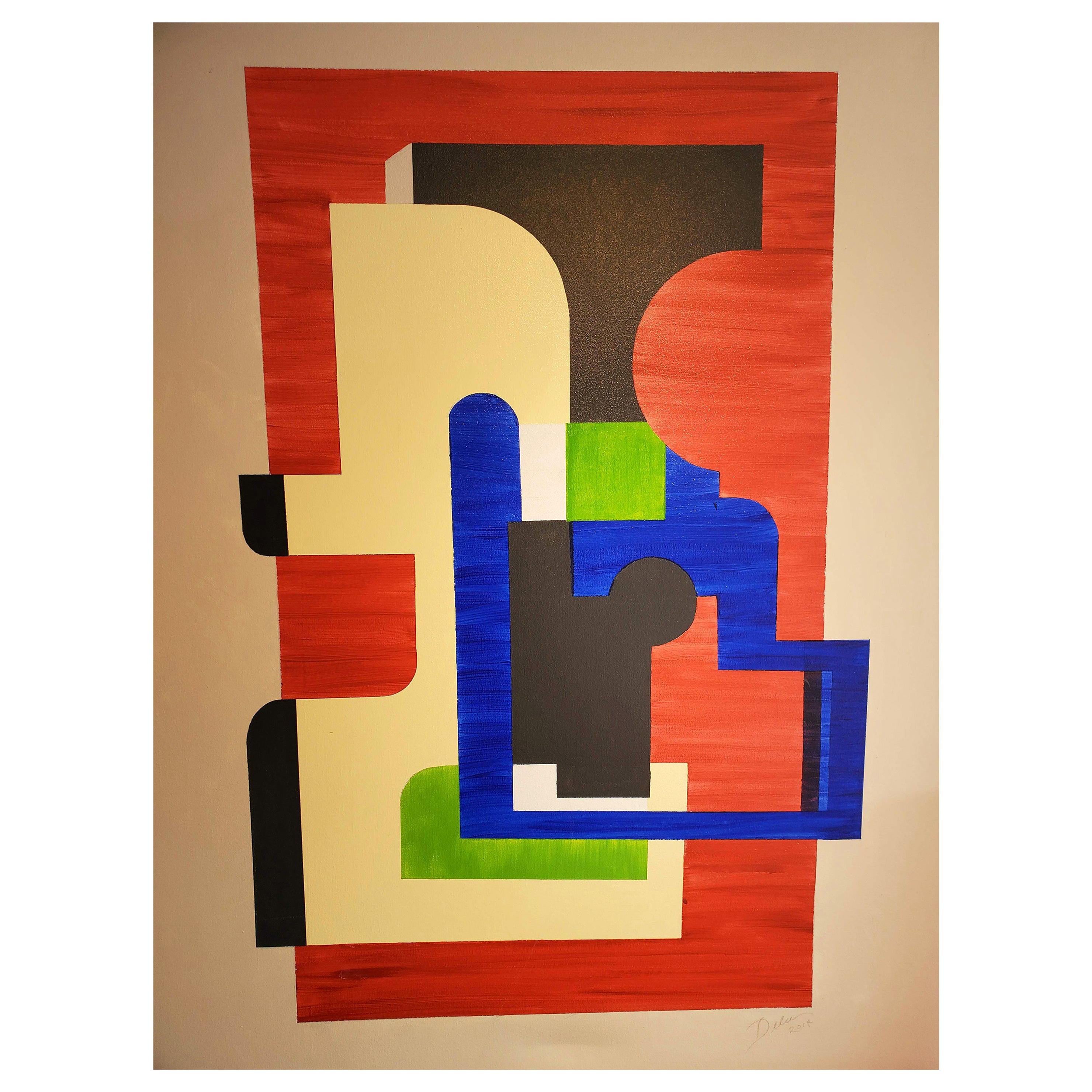 Quadro geometrico astratto a tecnica mista "Exit", rosso, blu, nero, verde