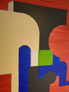 "Exit" peinture abstraite géométrique:: rouge:: bleu:: noir et vert