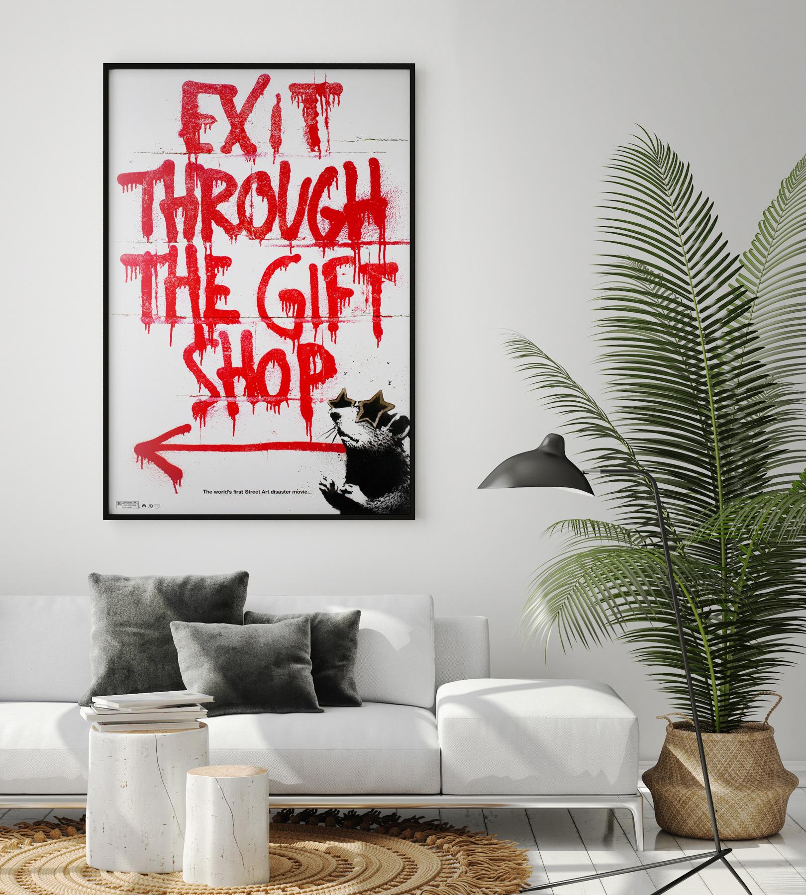 Guaranteed original One Sheet poster for the US release of the Oscar nominated documentary Exit Through the Gift shop. Produced and narrated by BANKSY.

This original vintage movie poster is sized 27 x 40 inches. It will be sent rolled (unframed).