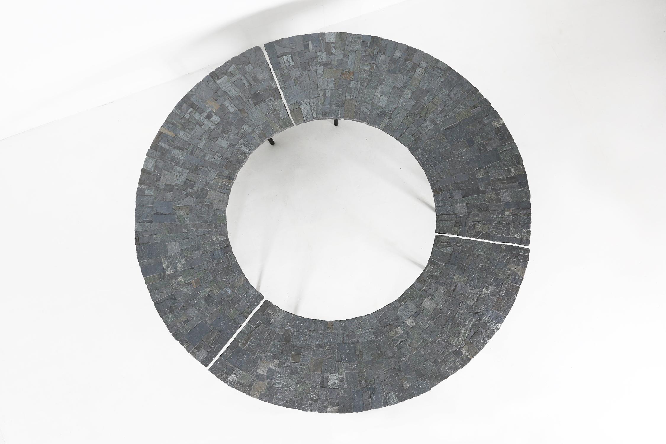 Very rare coffee table made by Belgian artist Pia Manu.
Made of brazilian slate stone and a rebar steel base.
The table has a very brutalist look and the slate stone has a sparkle.

Can be placed in a circle or can be placed side by side in an