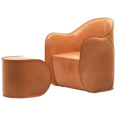 21st Century Modern Ultralight Armchair And Pouf Set In Hide Leather