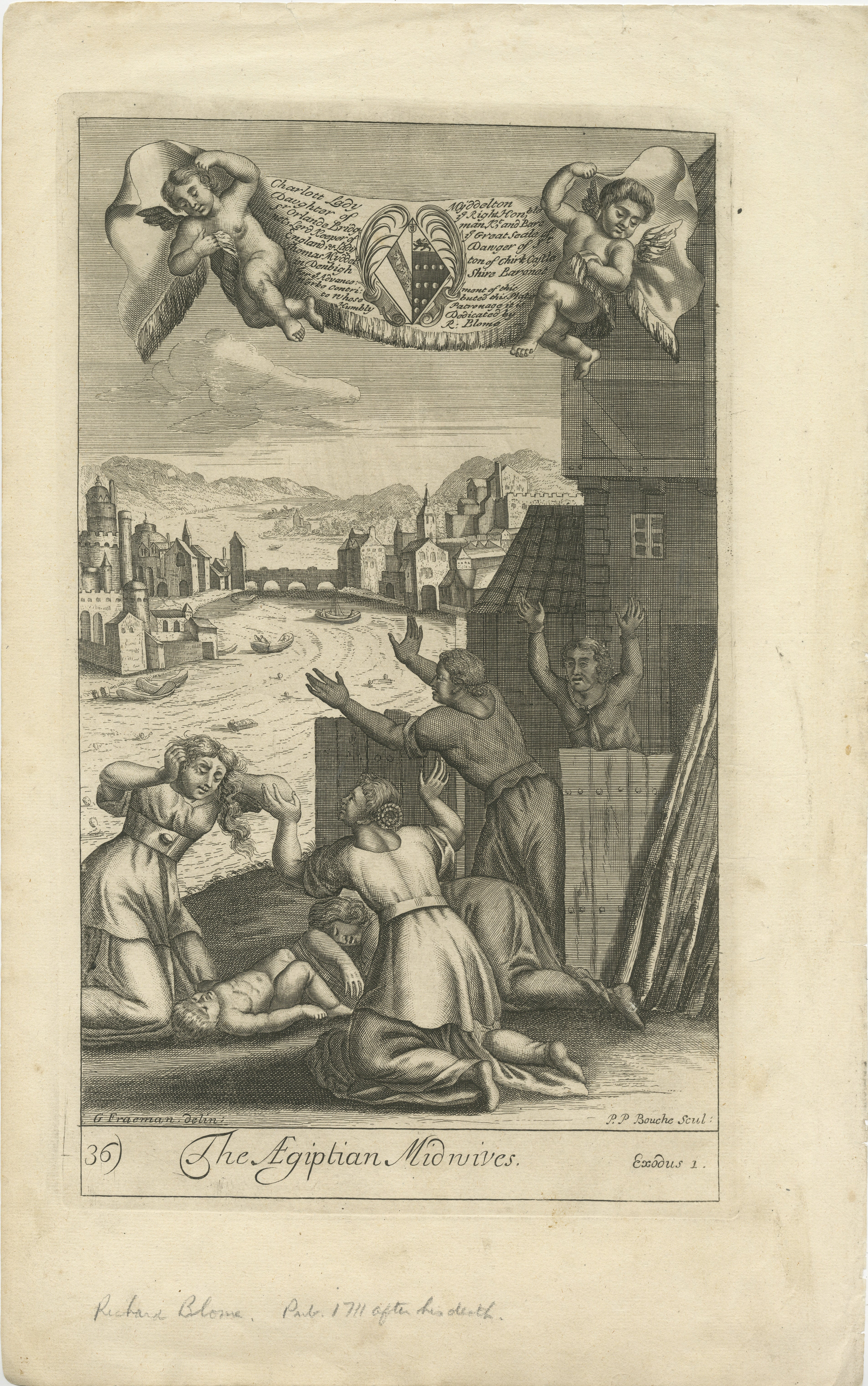 Beschreibung dieses originalen antiken Stichs

- Thema: 

Hebräische Hebammen weigern sich, männliche Säuglinge auf Befehl des ägyptischen Pharaos zu töten.

- Artisten: 

Kupferstich von Peter Paul Bouche (P.P. Bouche) nach G. Freeman (G.
