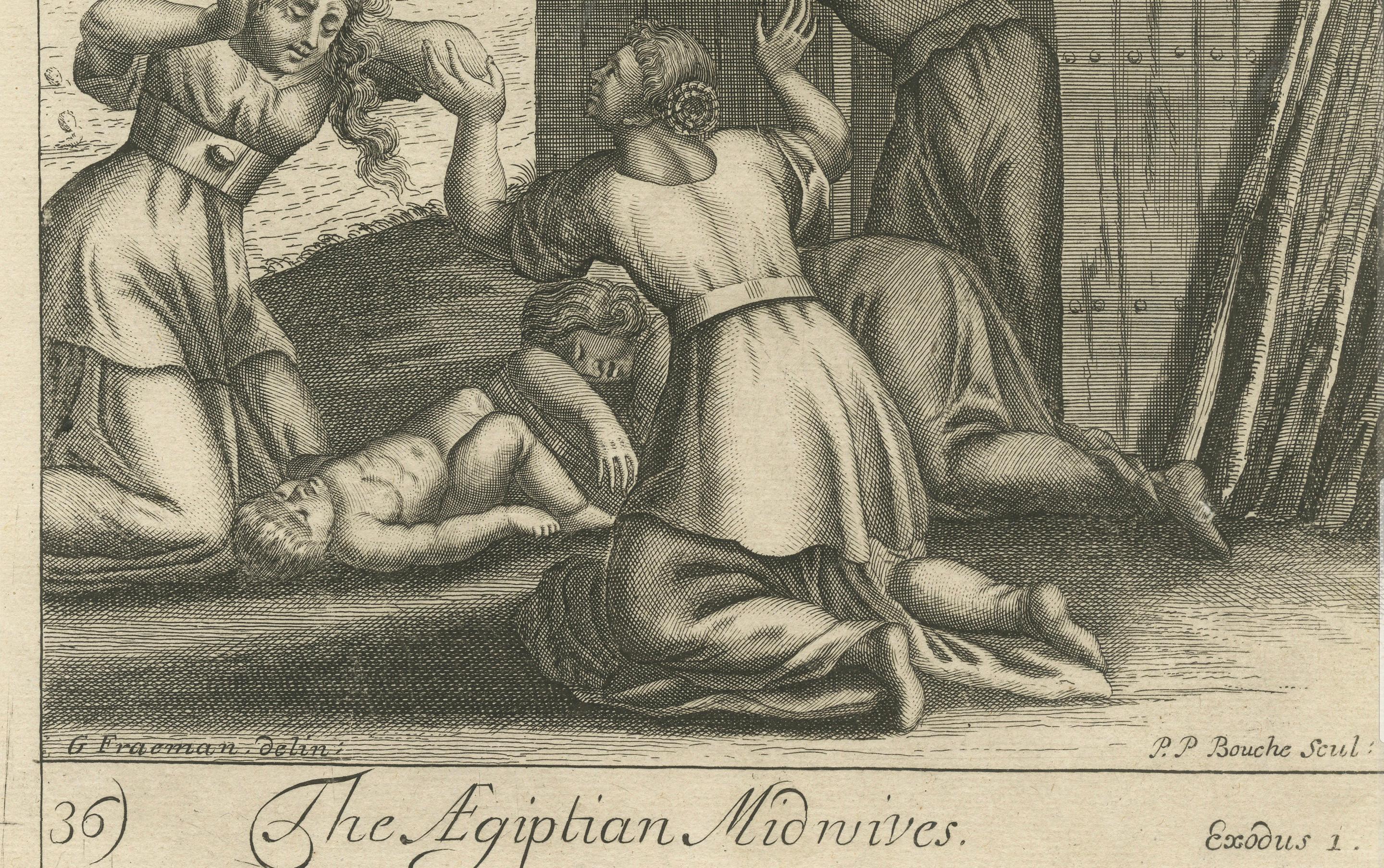 Exodus und Defiance: P.P. Bouche's 1705 Gravur der ägyptischen Midwives (Graviert) im Angebot