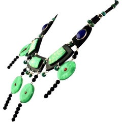 Exolette Bib Necklace with Green Jade Hardwood Onyx Lapis Silver and Red Coral