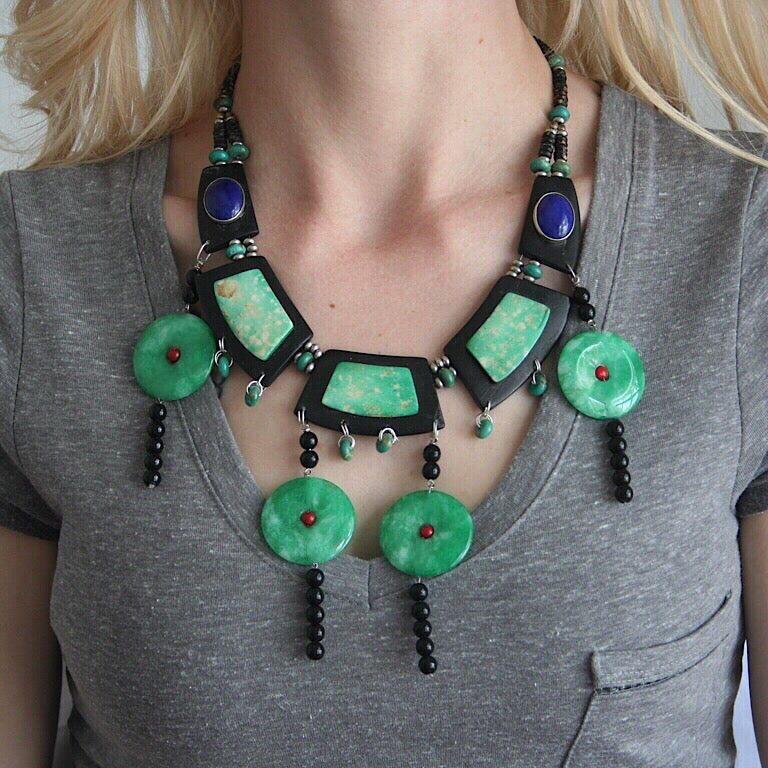 Exolette Bib Necklace with Green Jade Hardwood Onyx Lapis Silver and Red Coral In New Condition For Sale In Pahrump, NV