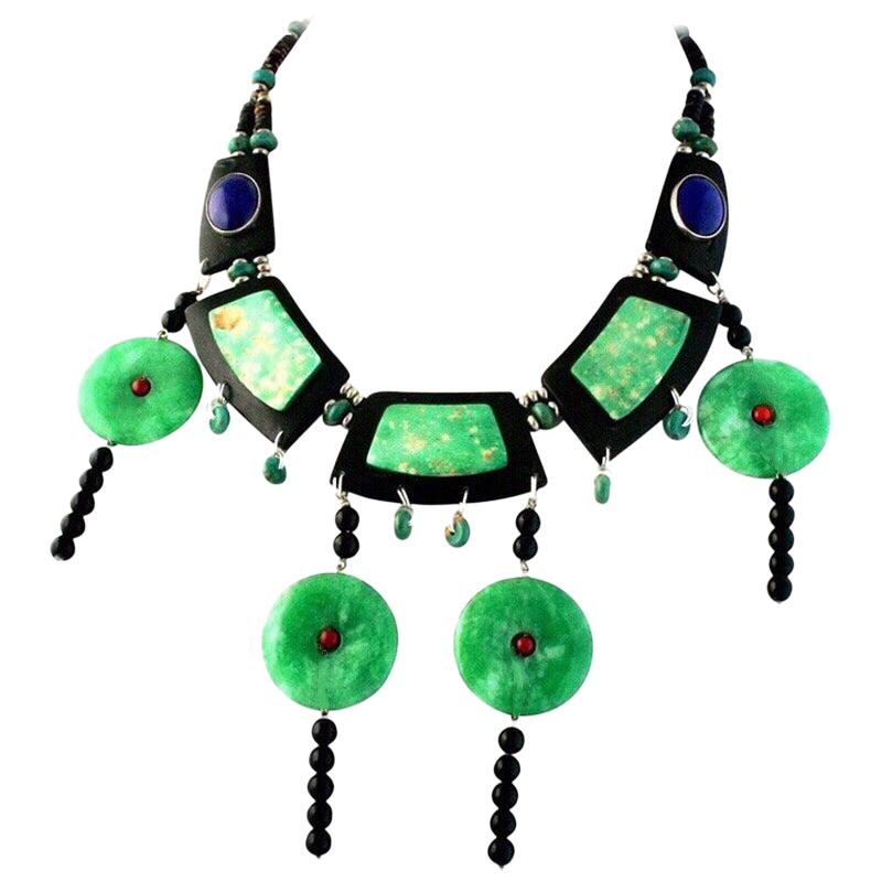 Exolette Bib Necklace with Green Jade Hardwood Onyx Lapis Silver and Red Coral For Sale