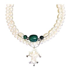 Exolette Double Strand Pearl & Jade Necklace with Mother of Pearl Vintage Cross