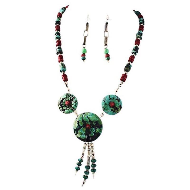 Exolette Figured Turquoise Red Coral Green Turquoise Necklace Earring Set In New Condition For Sale In Pahrump, NV