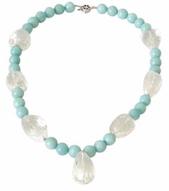 Exolette Large Faceted Rock Crystal Nugget and Amazonite Aquamarine Necklace