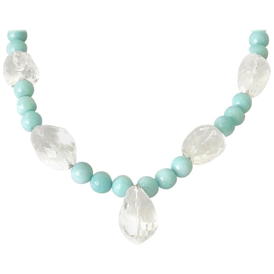 Exolette Large Faceted Rock Crystal Nugget and Amazonite Aquamarine Necklace For Sale