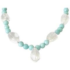 Exolette Large Faceted Rock Crystal Nugget and Amazonite Aquamarine Necklace 