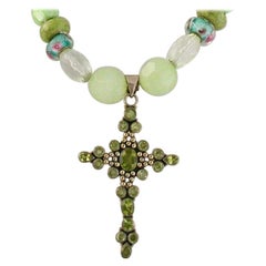Exolette Peridot & Silver Cross on Green Stone and Handmade Glass Bead Necklace
