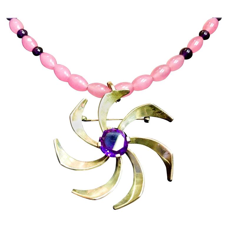 Exolette Silver Amethyst Pendant or Pin on Pink Quartz Amethyst Necklace Suite For Sale