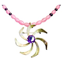 Exolette Silver Amethyst Pendant or Pin on Pink Quartz Amethyst Necklace Suite