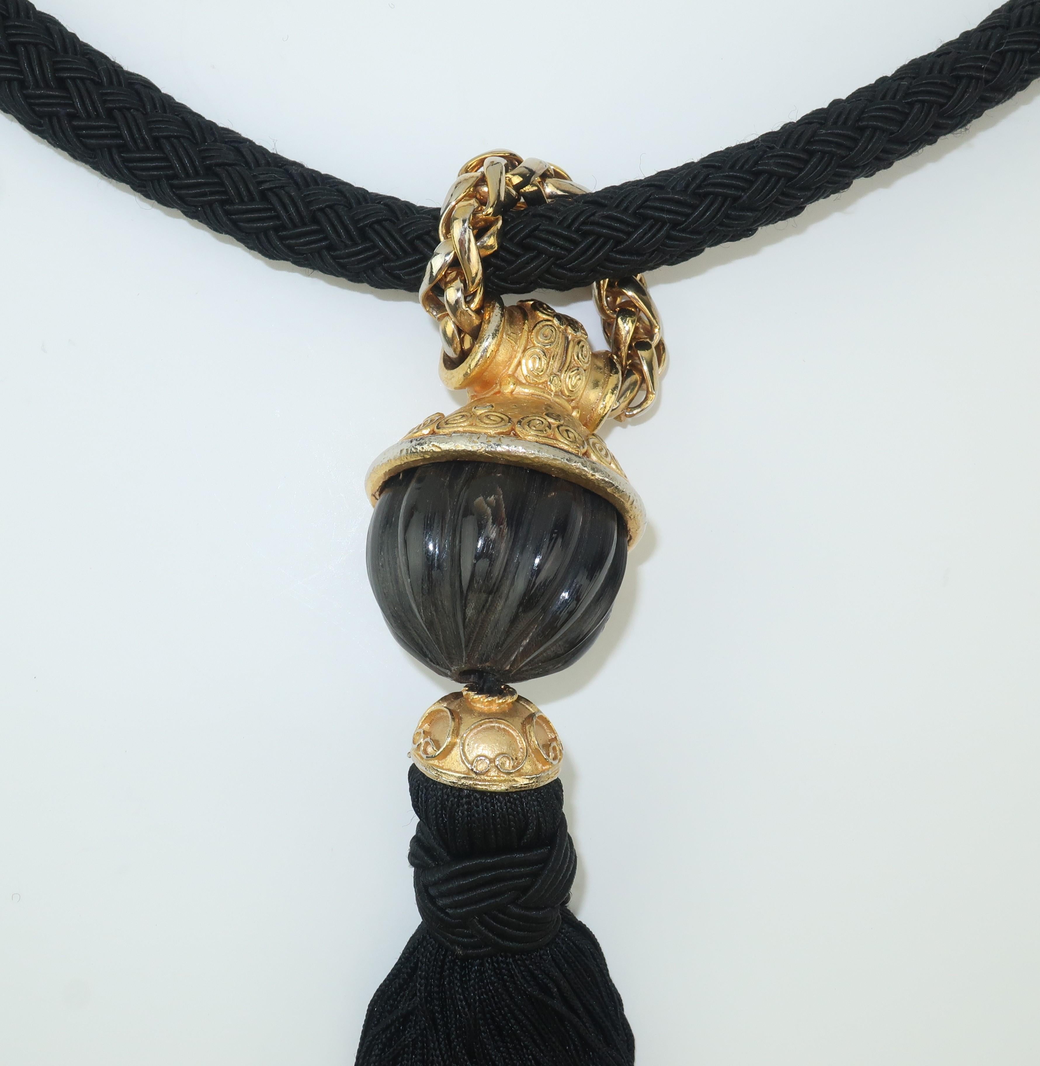 Exotic 1970's Black & Gold Tassel Necklace Belt 5