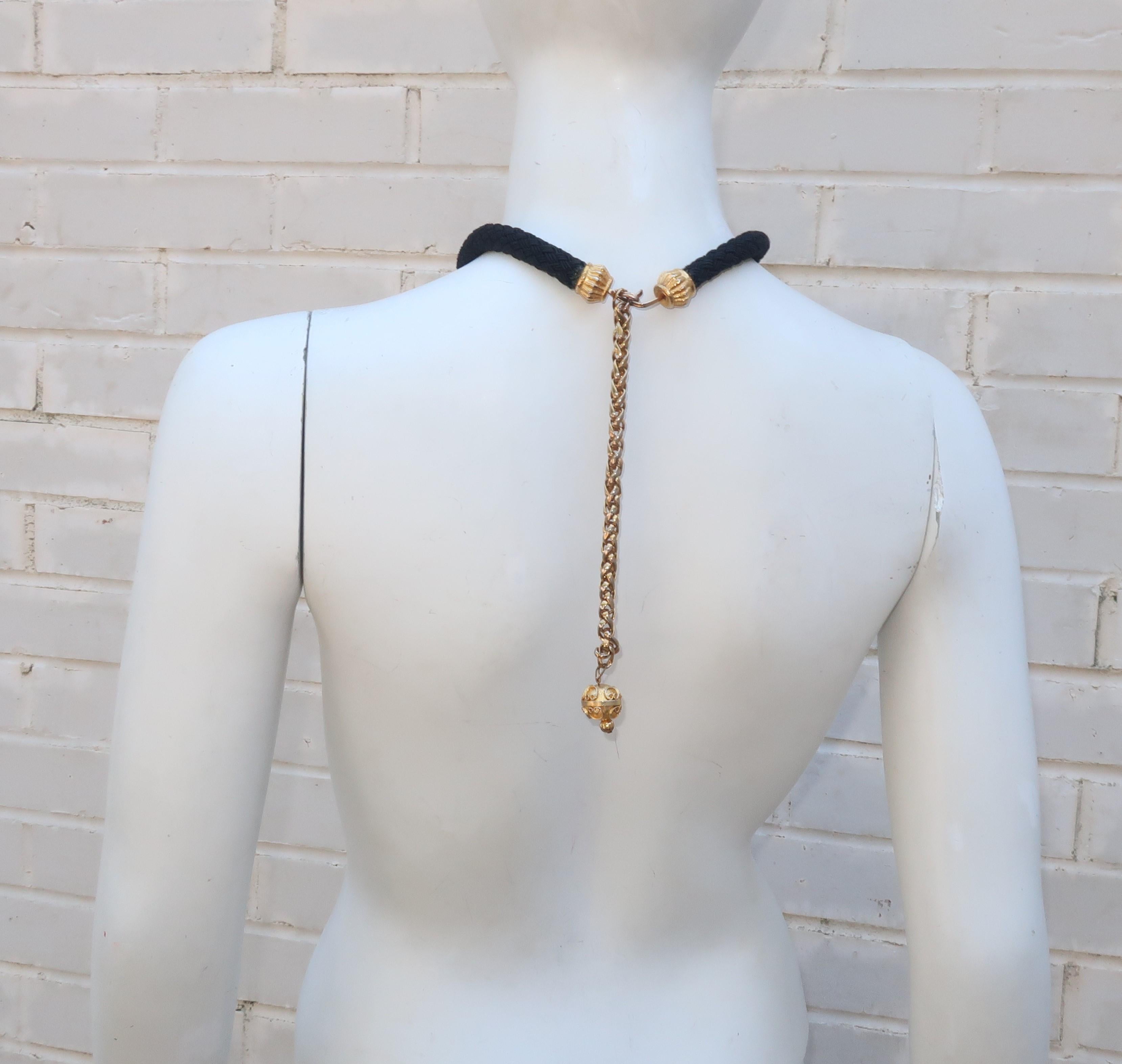 Byzantine Exotic 1970's Black & Gold Tassel Necklace Belt