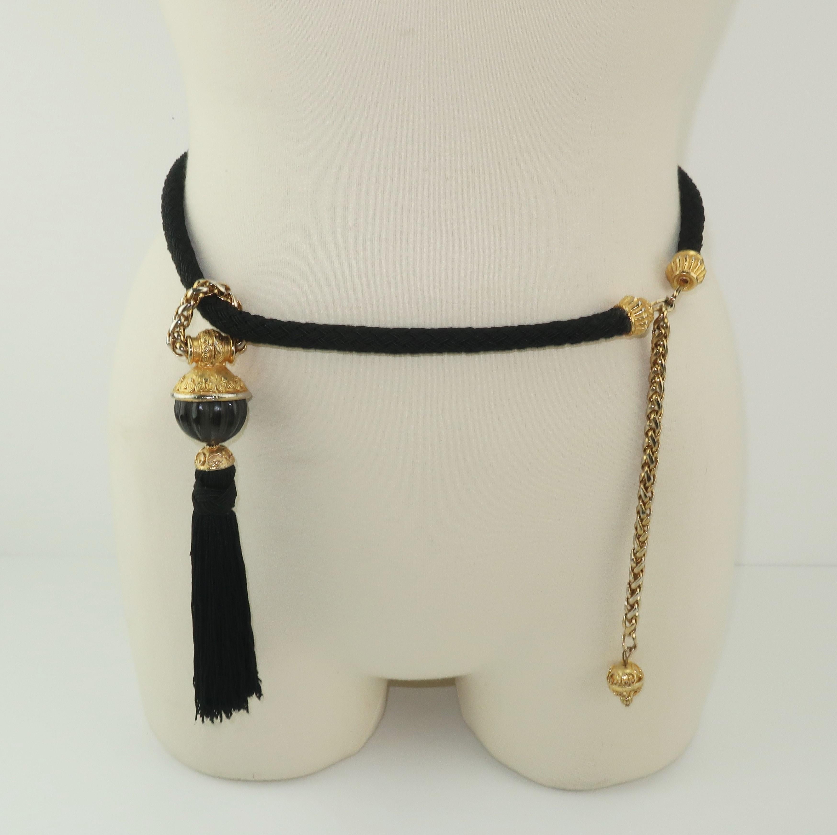 Women's Exotic 1970's Black & Gold Tassel Necklace Belt