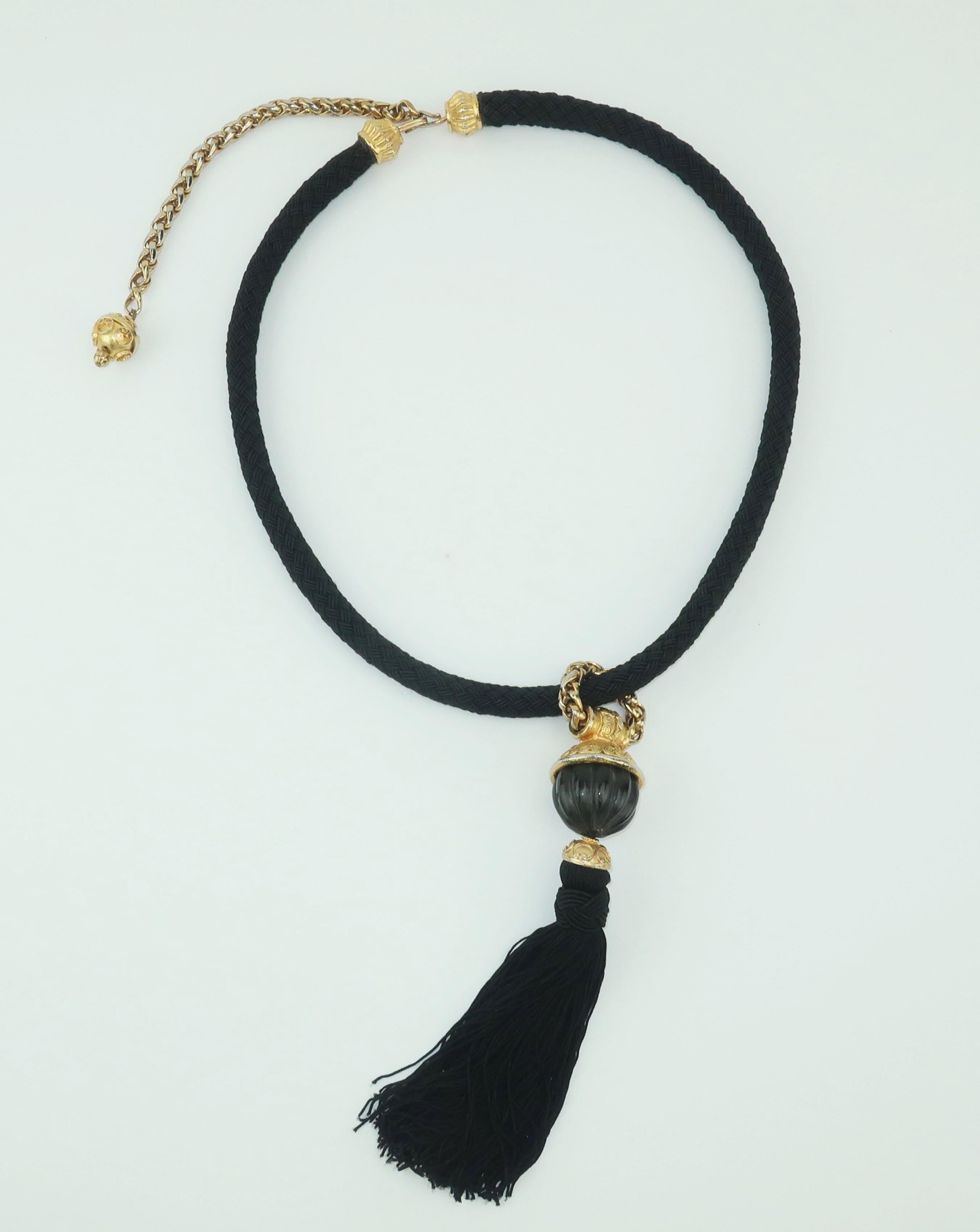 Exotic 1970's Black & Gold Tassel Necklace Belt 1