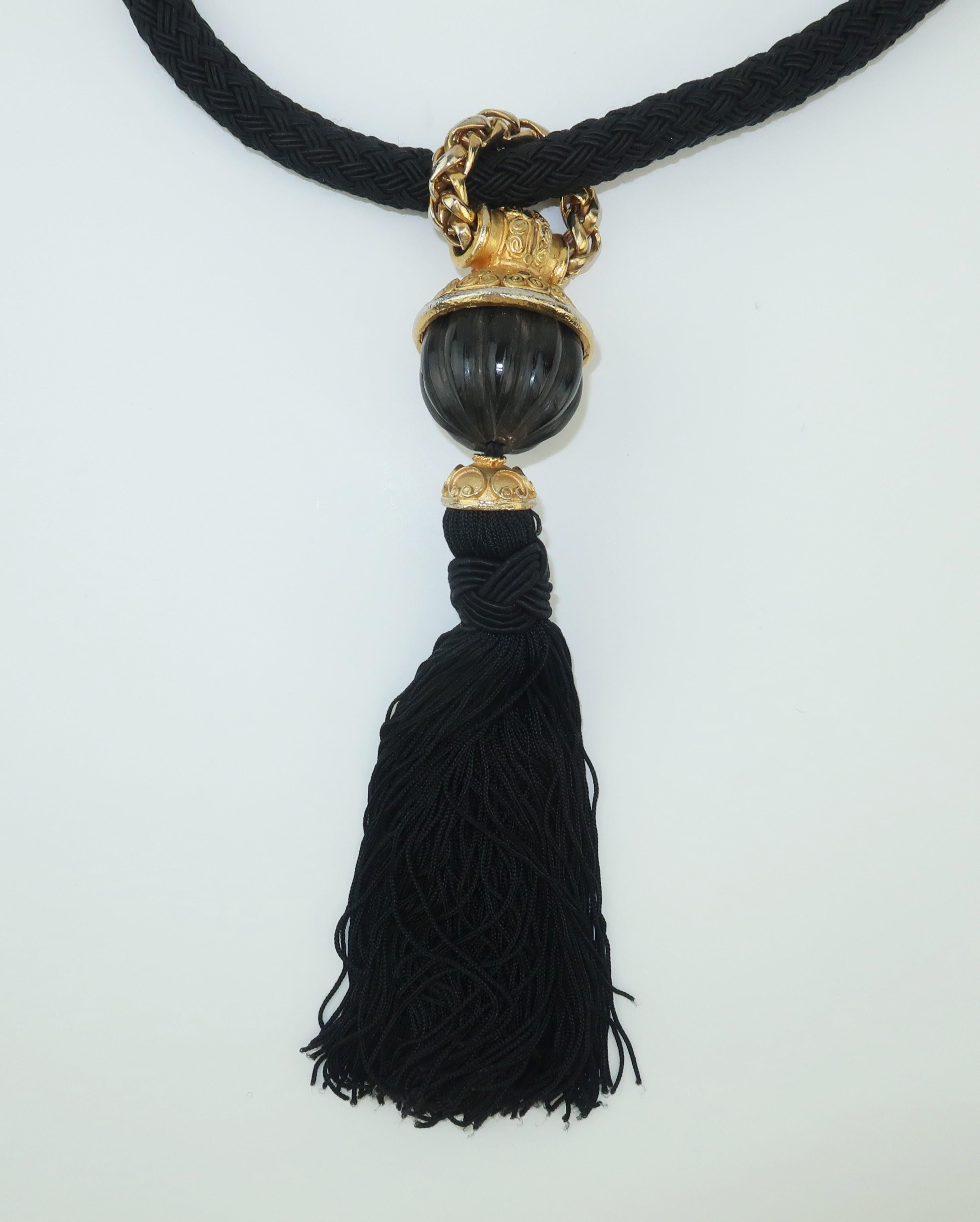 Exotic 1970's Black & Gold Tassel Necklace Belt 2