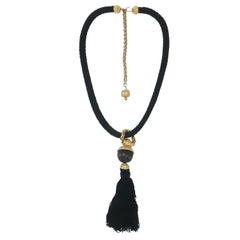Exotic 1970's Black & Gold Tassel Necklace Belt