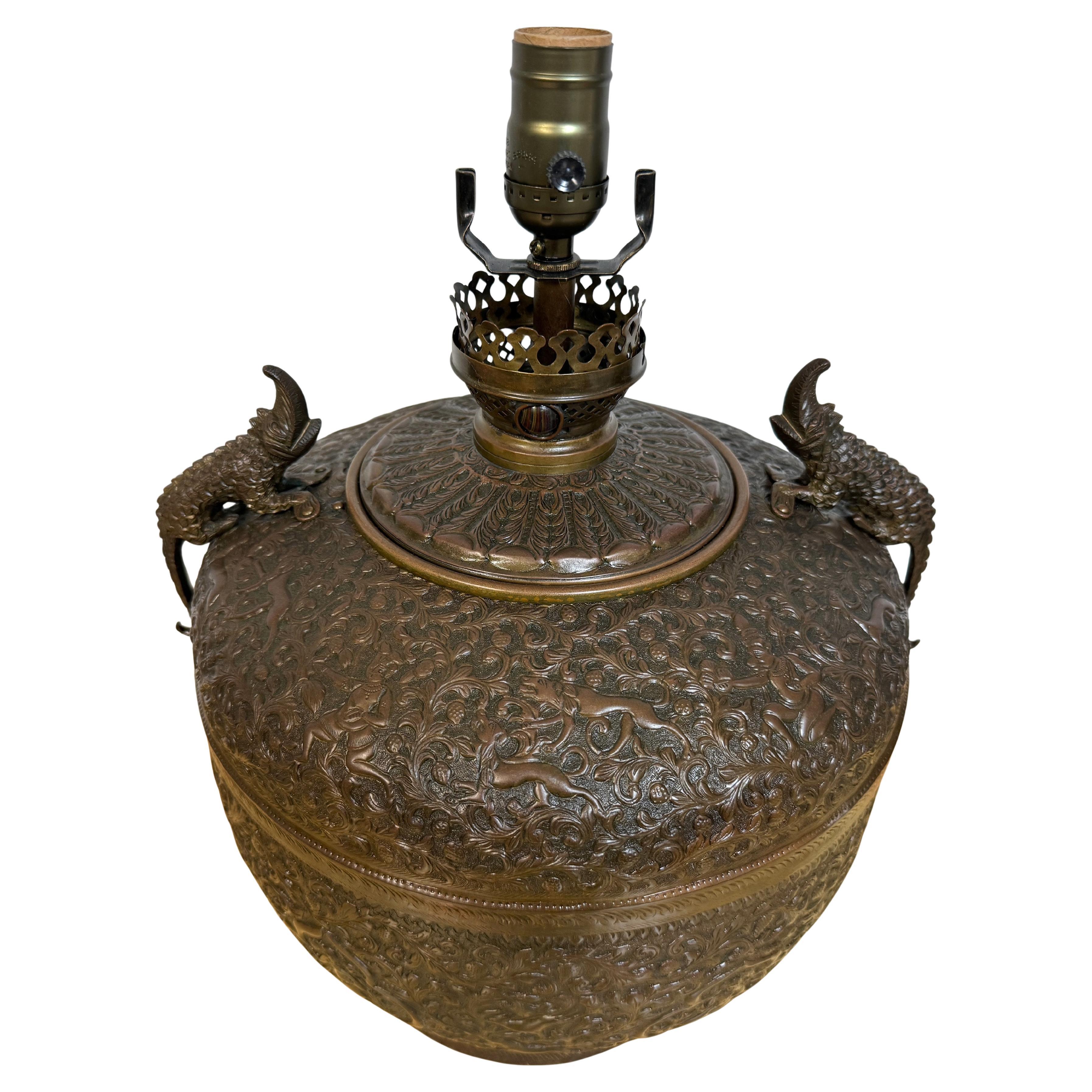 Exotic Anglo-Indian Repoused Oil Lamp with Alligator Handles, Now Electrified