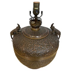 Antique Exotic Anglo-Indian Repoused Oil Lamp with Alligator Handles, Now Electrified