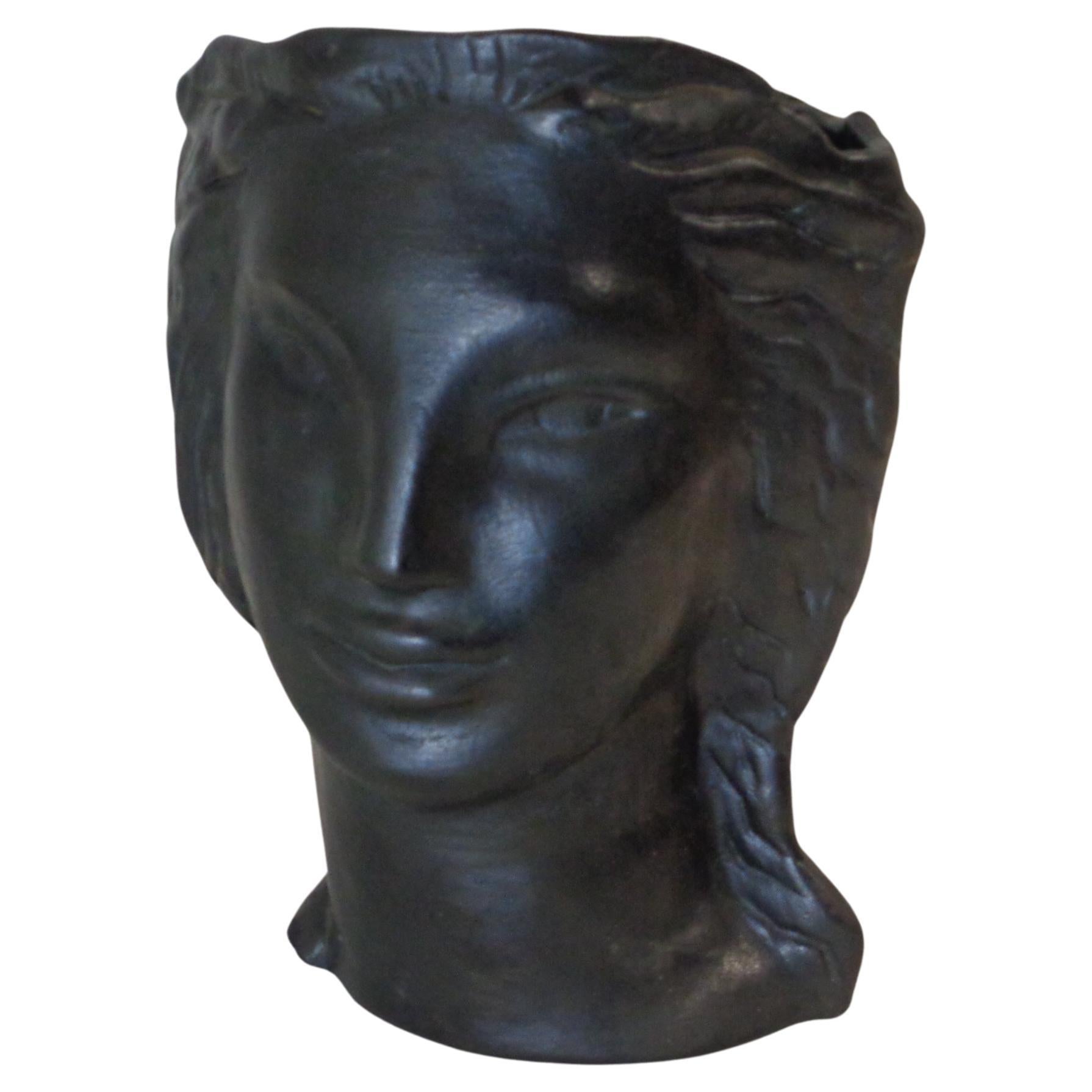 American Art Deco exotic head vase sculpture in the style of Jean Cocteau - hand sculpted ceramic in a metallic graphite black glaze w/ rich blue interior glaze - hand signed and titled on bottom - Cockcroft - Antique Fragment / incise signed lower