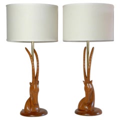 Exotic Artisan Sculpted Wood Ibex Bust Table Lamps