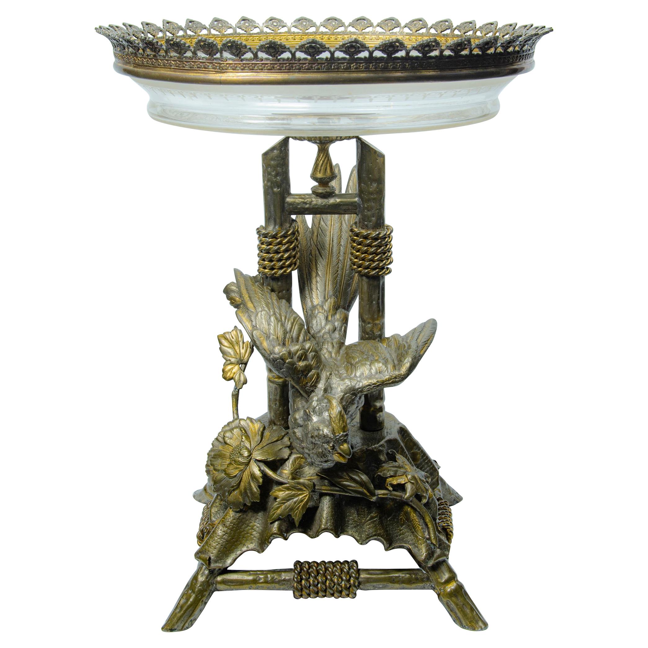Exotic Bird Metal and Crystal Centerpiece For Sale