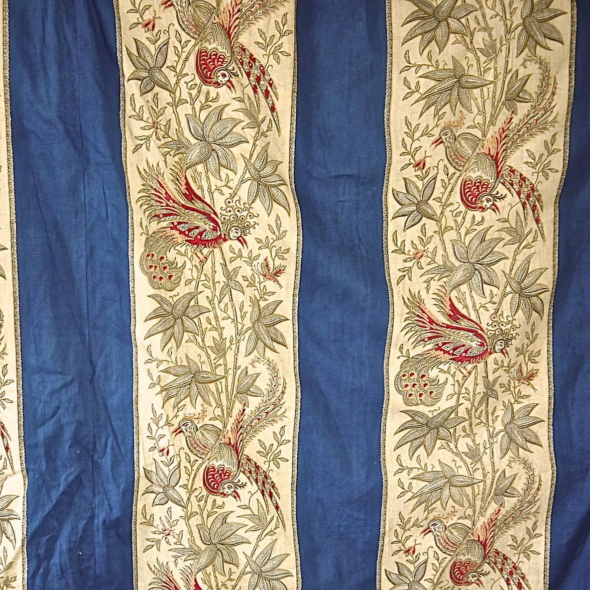 Exotic Birds Blue Stripe Large Single Curtain French Napoleon III Indienne 5