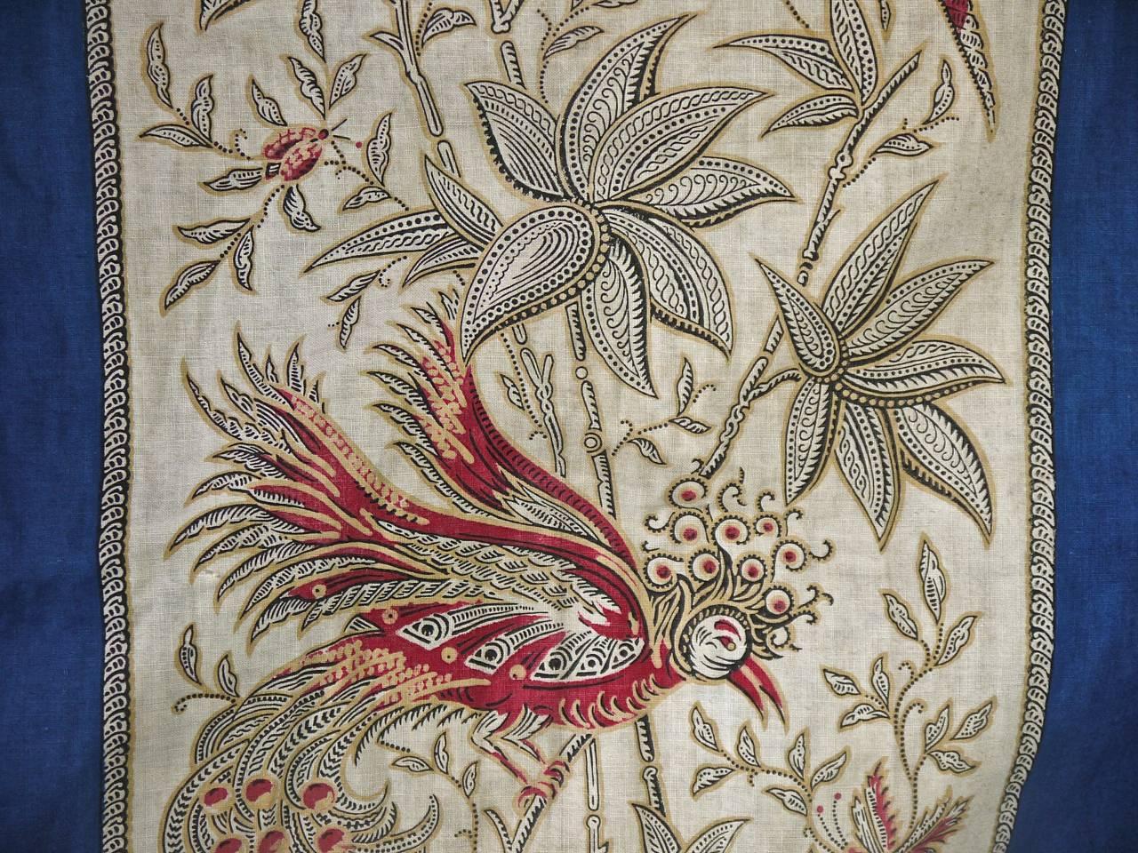 Exotic Birds Blue Stripe Large Single Curtain French Napoleon III Indienne In Good Condition In London, GB