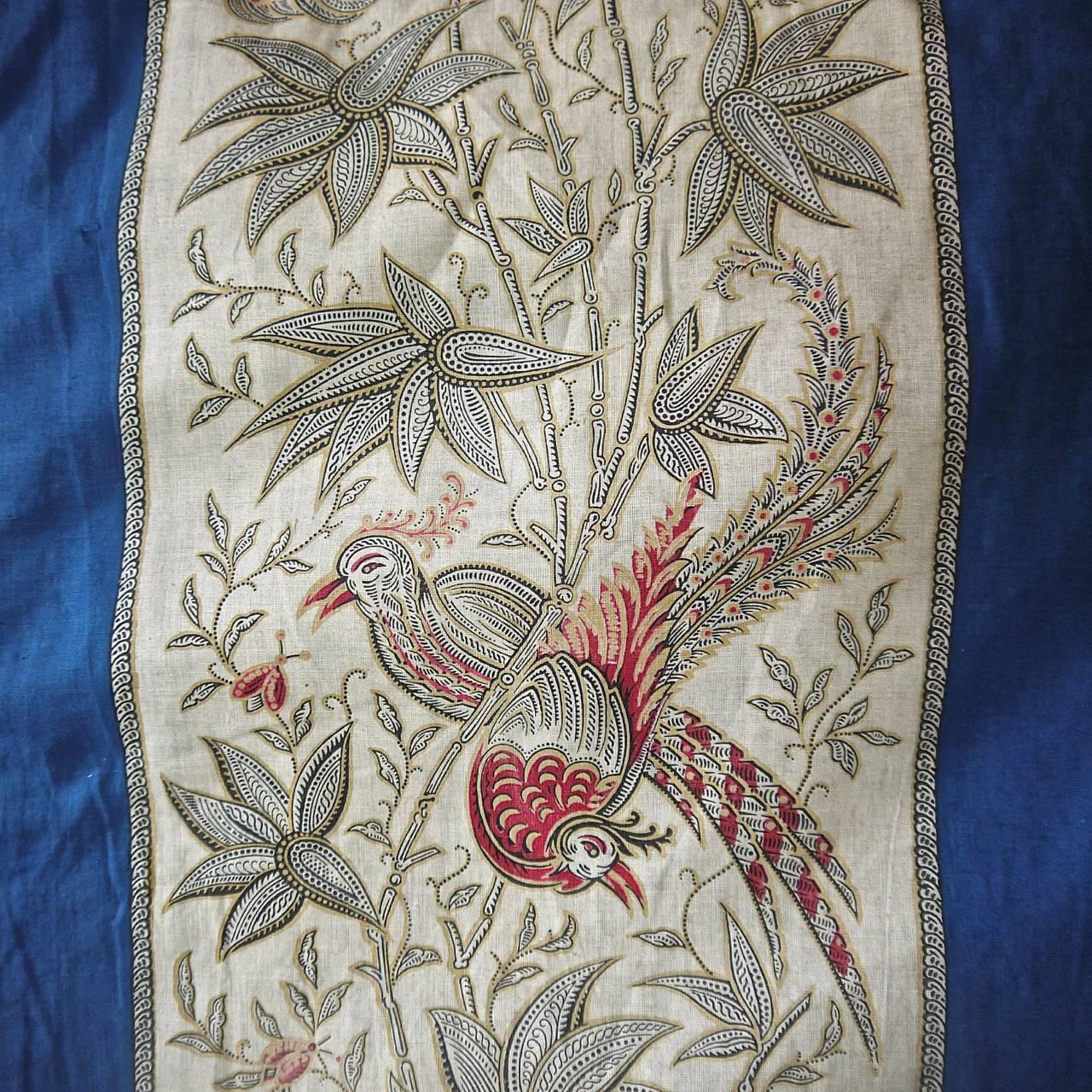 Wool Exotic Birds Blue Stripe Large Single Curtain French Napoleon III Indienne