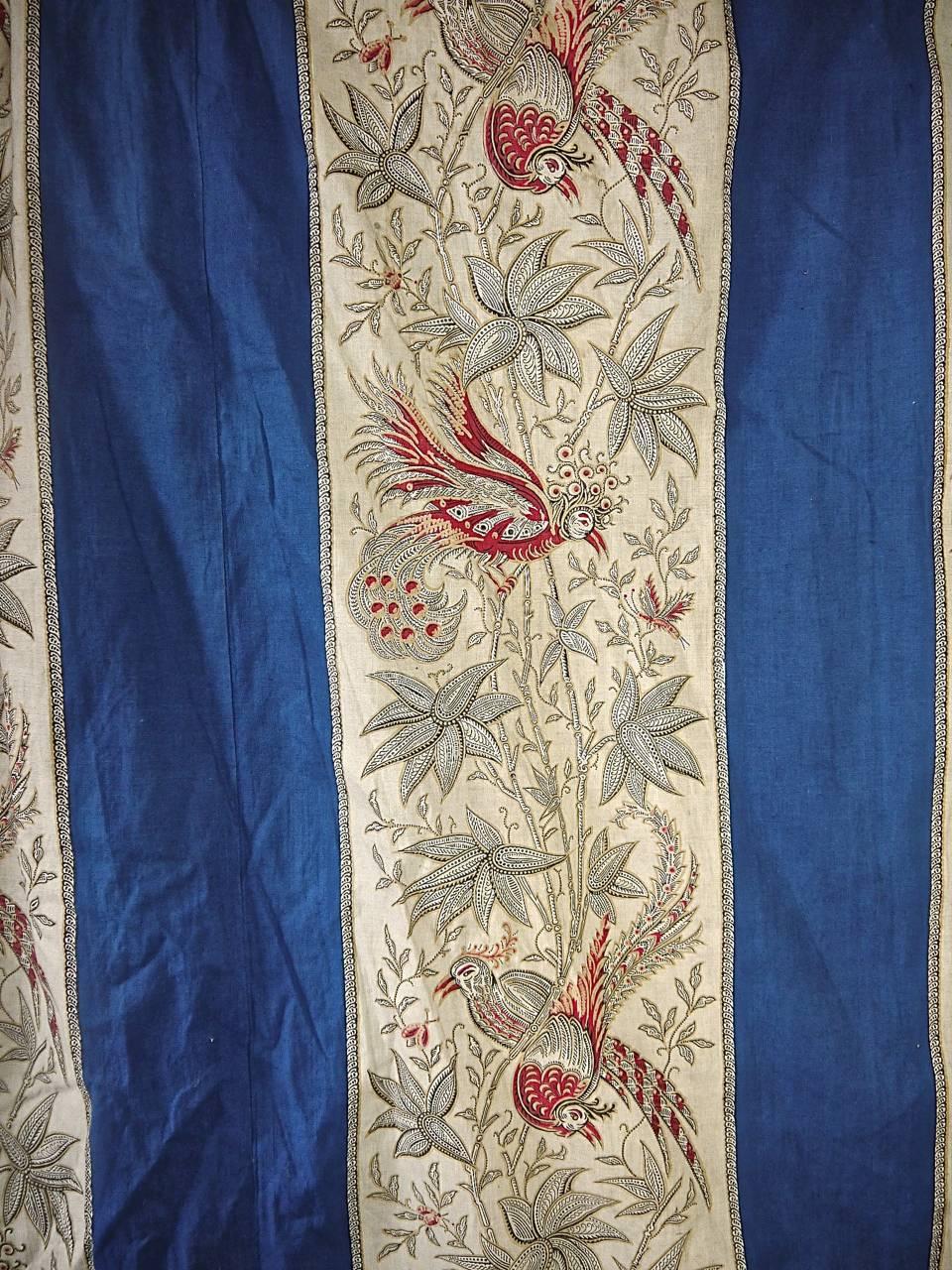 Exotic Birds Blue Stripe Large Single Curtain French Napoleon III Indienne 3