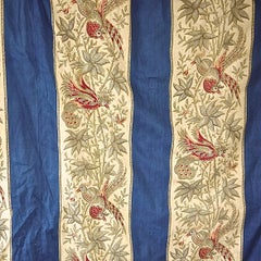 Antique Exotic Birds Blue Stripe Large Single Curtain French Napoleon III Indienne