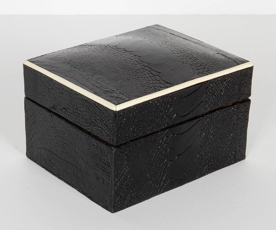 Exotic Black Ostrich Leather Decorative Box with Bone Inlay In Excellent Condition In Fort Lauderdale, FL