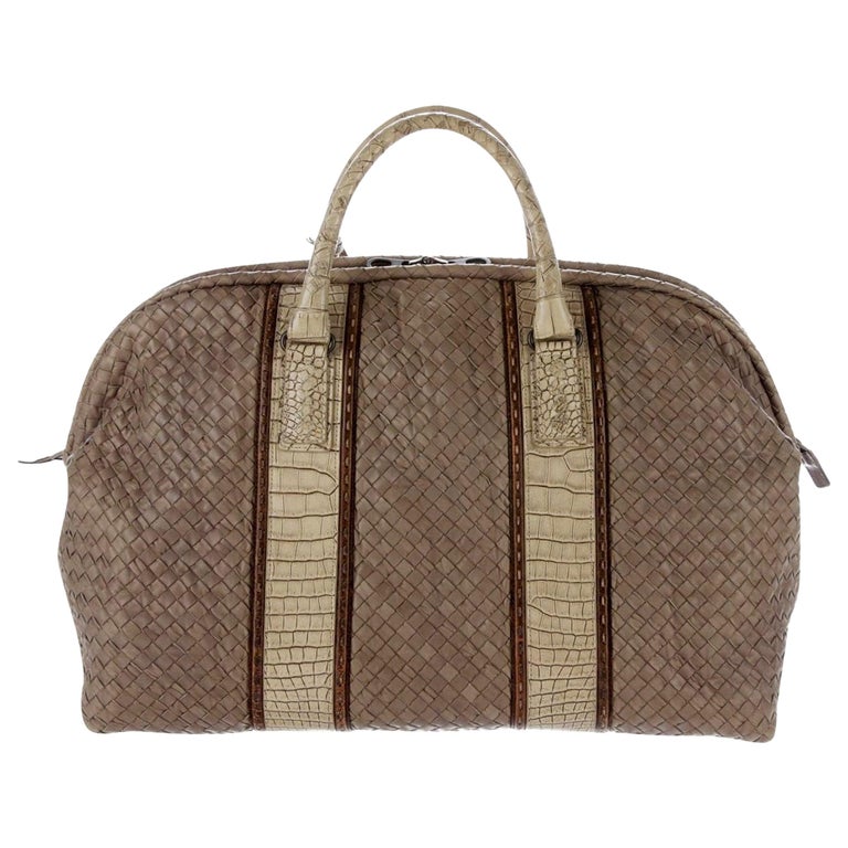 BOTTEGA VENETA Exotic Intrecciato Woven Leather & Crocodile Weekender Travel Bag For Sale