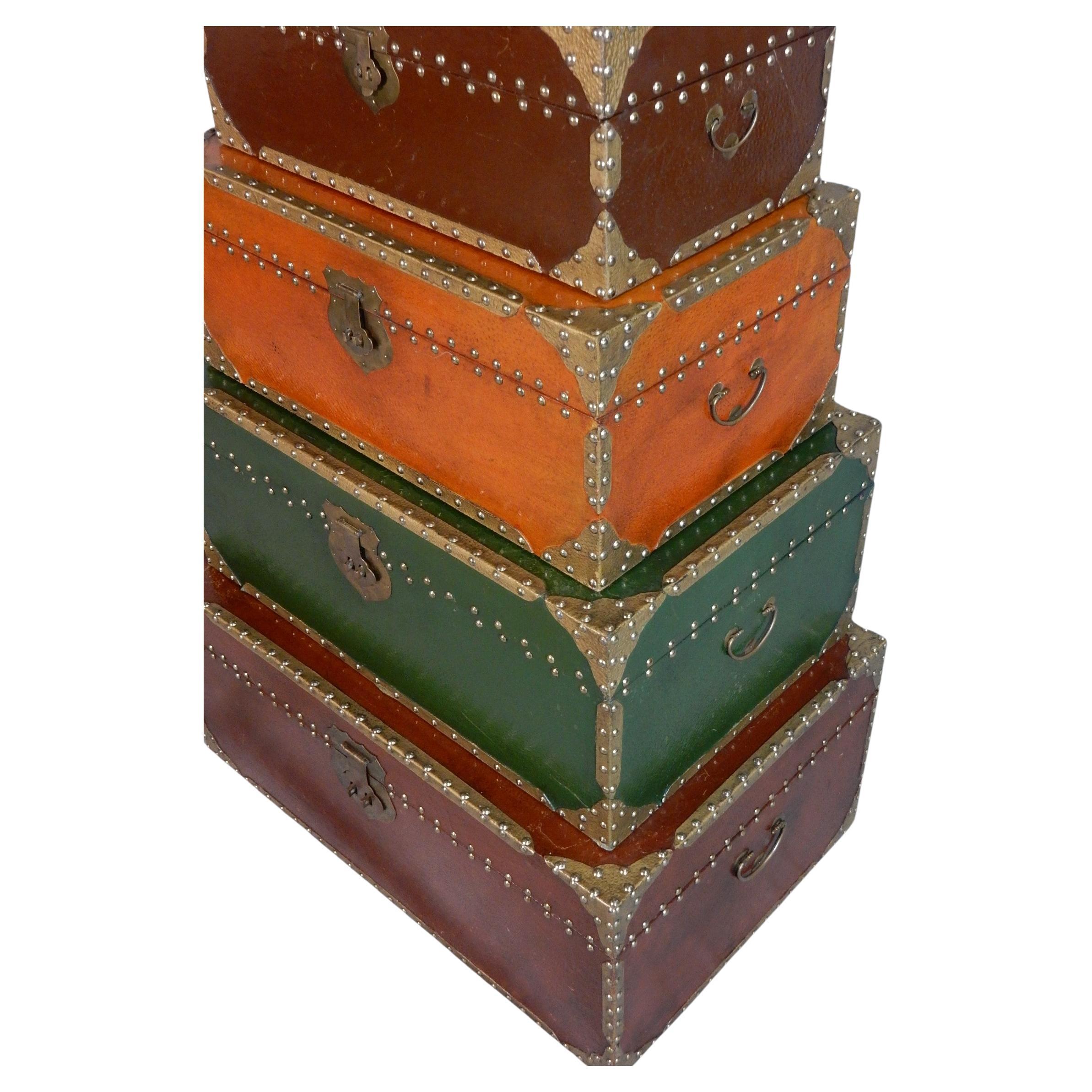Exotic Brass Nail Head & Enameled Wood Nesting Trunks or Chests For Sale 3