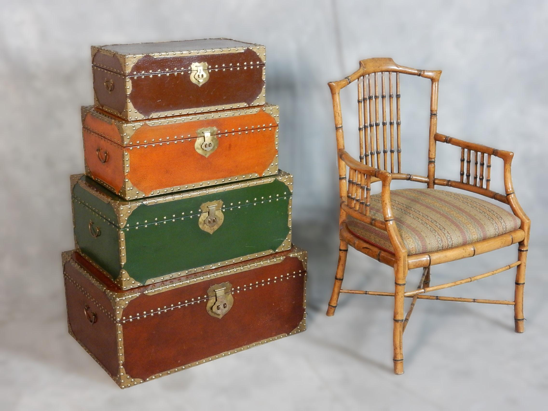 Circa 1980's brass nail head nesting blanket storage trunks. 
Each is beautifully hand crafted in wood with felt lining. 
Not marked by origin. Most likely India or Tiwan.
They all show very well with just a few scuffs/scratches on tops from past