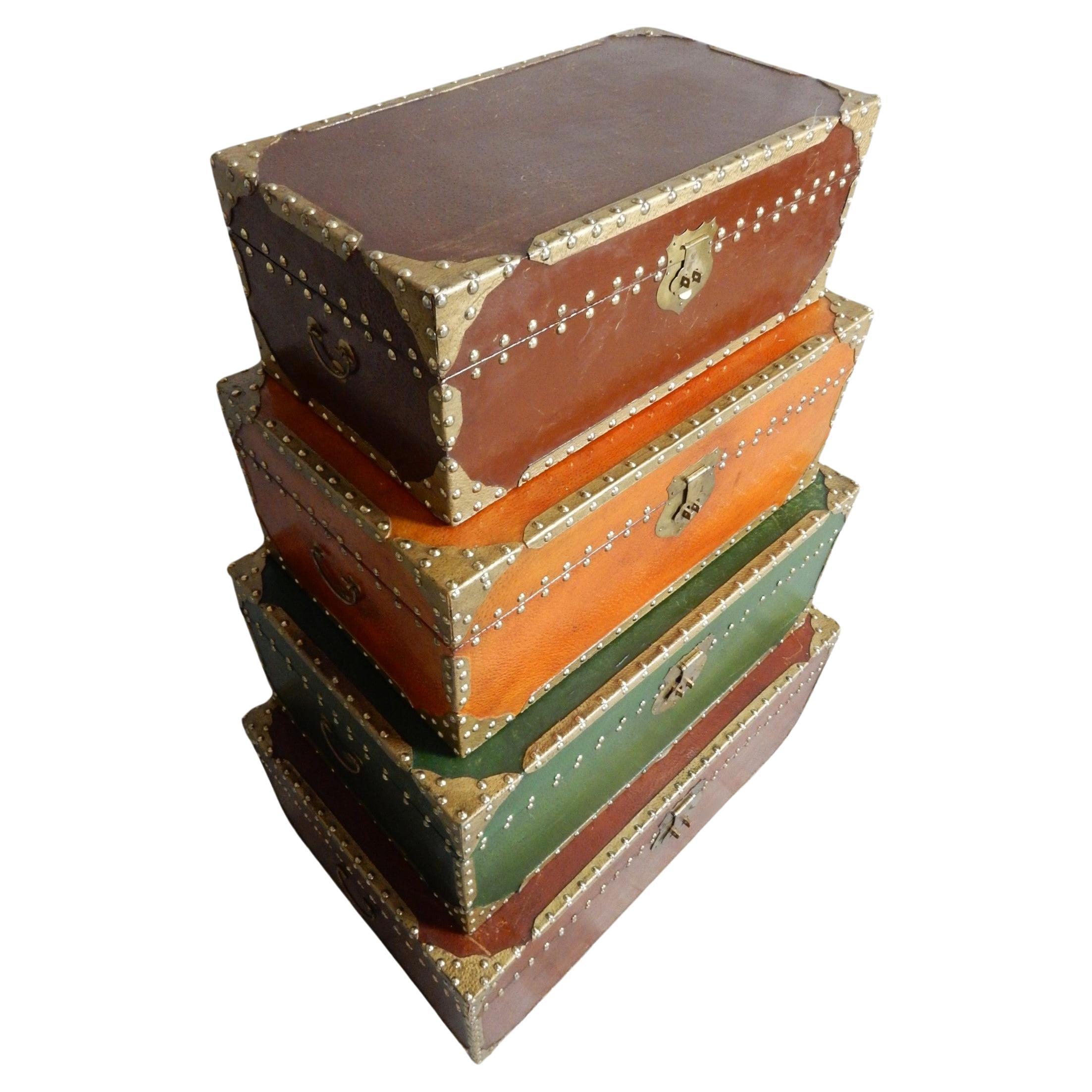 Hand-Crafted Exotic Brass Nail Head & Enameled Wood Nesting Trunks or Chests For Sale