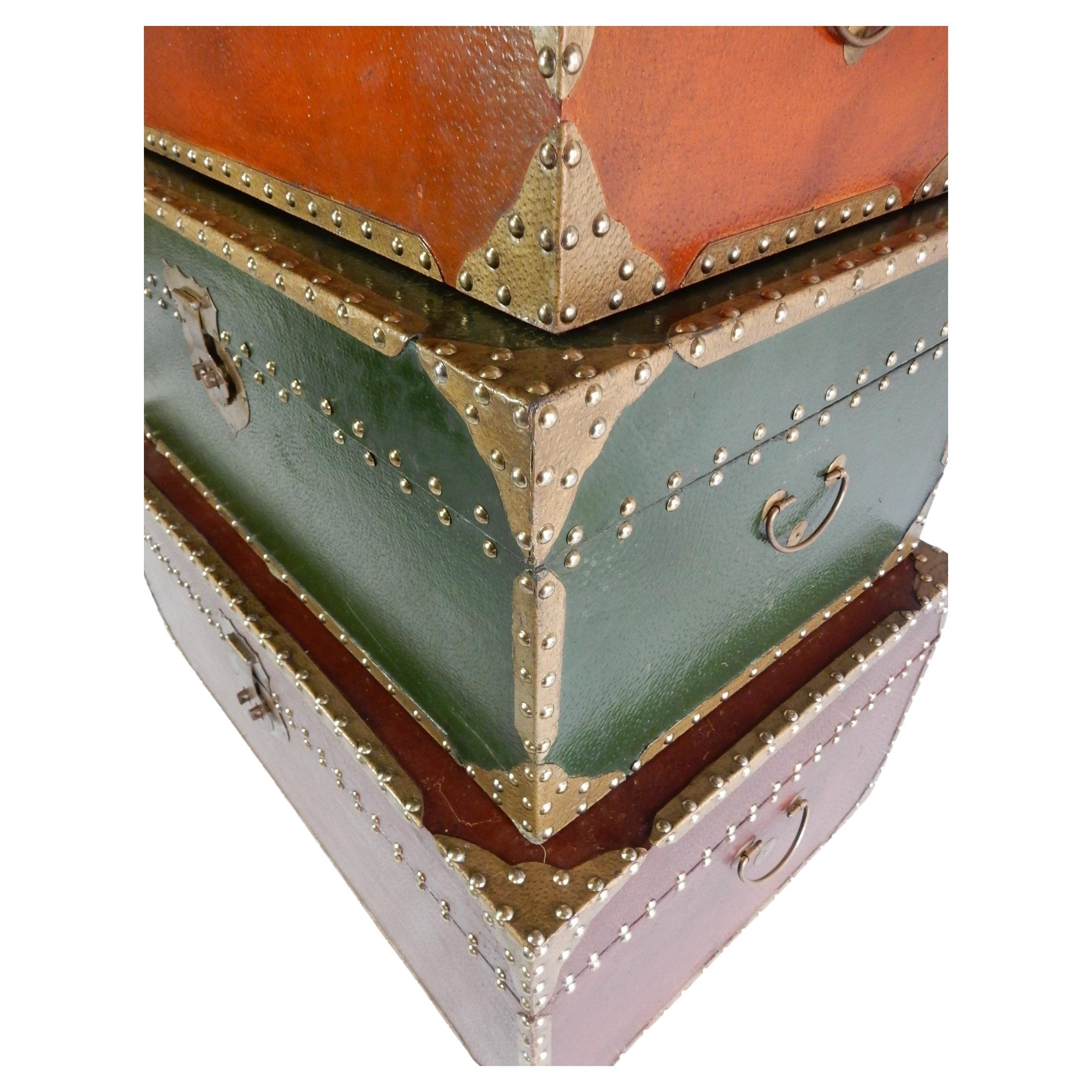 Exotic Brass Nail Head & Enameled Wood Nesting Trunks or Chests In Good Condition For Sale In Las Vegas, NV