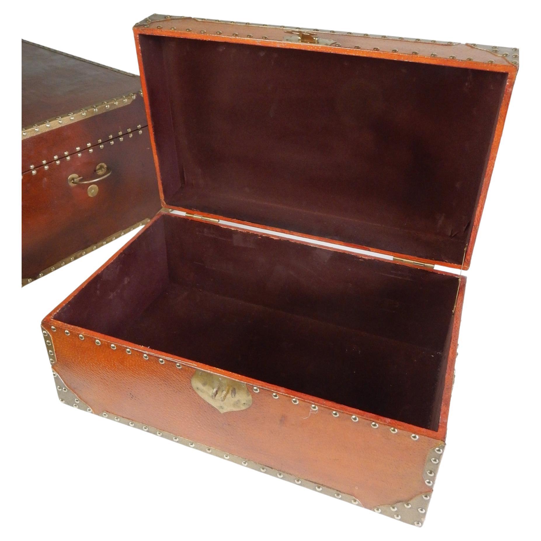 Late 20th Century Exotic Brass Nail Head & Enameled Wood Nesting Trunks or Chests For Sale