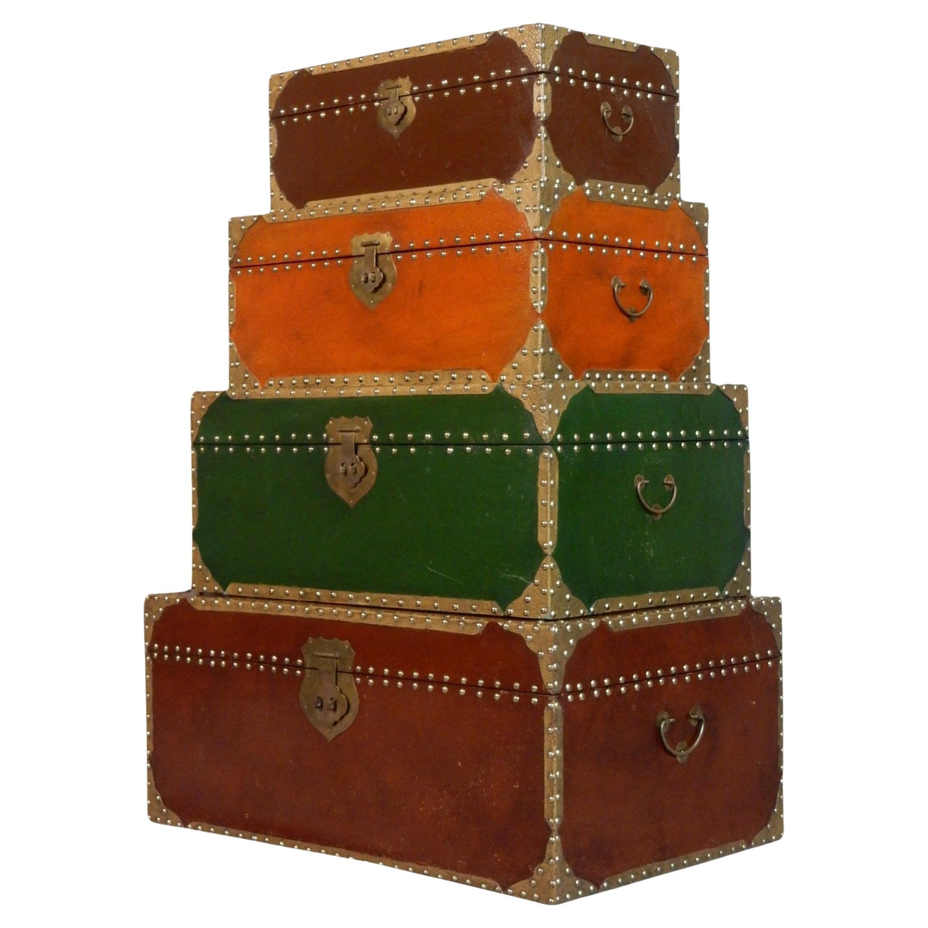 Exotic Brass Nail Head & Enameled Wood Nesting Trunks or Chests For Sale